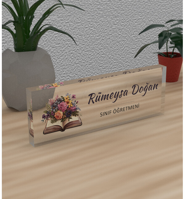 Kişiye Özel Kendin Tasarla Çiçekli Kitap Tasarım Öğretmene Meslek Ünvan Masa Üstü İsimlik