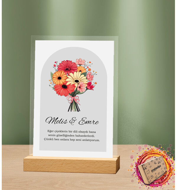 Kişiye Özel Kendin Tasarla İsimli ve Mesajlı Çiçekli Tasarım Masaüstü Plak Fotoğraf Çerçevesi