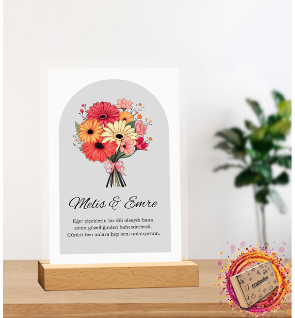 Kişiye Özel Kendin Tasarla İsimli ve Mesajlı Çiçekli Tasarım Masaüstü Plak Fotoğraf Çerçevesi