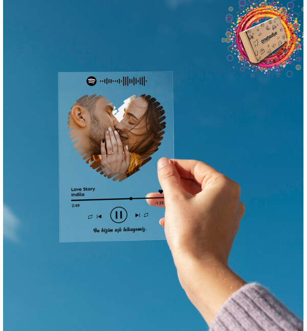 Kişiye Özel Kendin Tasarla Kalp Tasarım Fotoğraflı Spotify Şarkı Barkodlu Masaüstü Plak Fotoğraf Çerçevesi