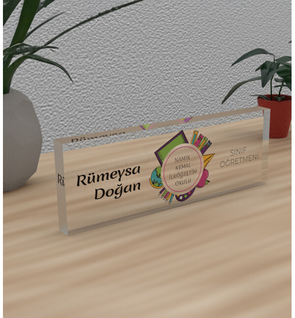 Kişiye Özel Kendin Tasarla Okul İsimli Öğretmene Meslek Ünvan Masa Üstü İsimlik