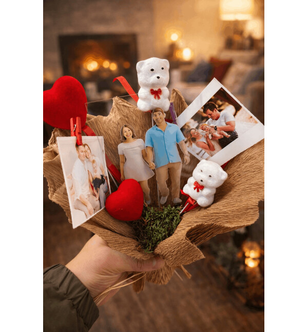 Kişiye Özel Tasarlanan 3D Görünümlü Figür Fotoğraf Anı Buketi Yapay Zeka