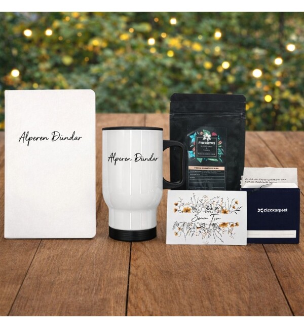 Kişiye Özel Tasarlanan 480 Ml Çelik Termos Defter Filtre Kahve Motto Kart Hediye Sepeti