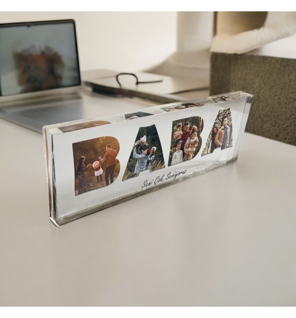 Kişiye Özel Tasarlanan Baba Yazısı İçi 4 Fotoğraflı Kalın Akrilik Masaüstü Fotoğraf Çerçevesi Plaket