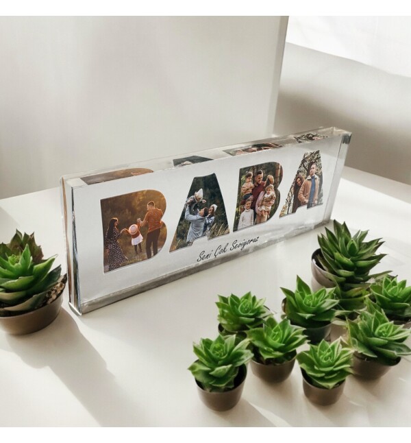 Kişiye Özel Tasarlanan Baba Yazısı İçi 4 Fotoğraflı Kalın Akrilik Masaüstü Fotoğraf Çerçevesi Plaket