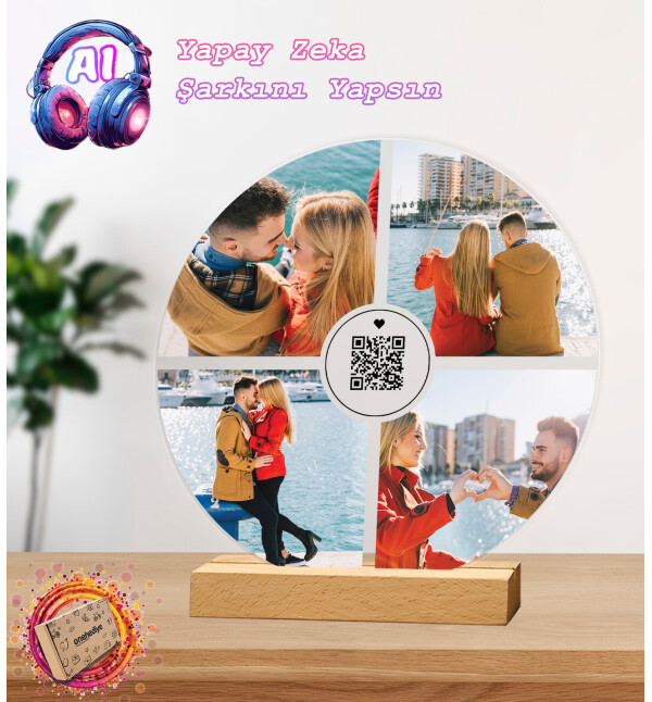 Yapay Zeka Şarkınızı Üretsin 4 Fotoğraflı Şarkı Barkodlu Fotoğraflı Yuvarlak Plak Tasarım Fotoğraf Çerçevesi