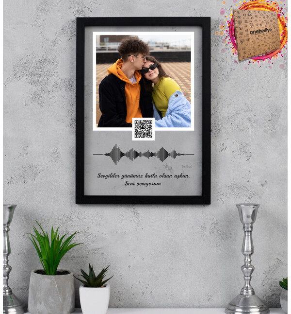 Yapay Zeka Şarkınızı Üretsin Barkodlu Fotoğraflı Mesajlı Siyah Fotoğraf Çerçevesi 21x30